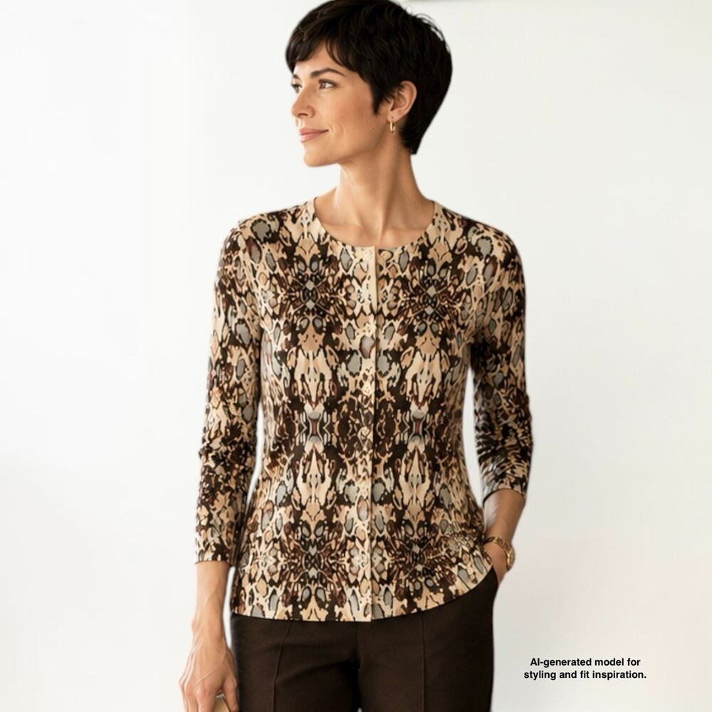 Garnet Hill Merino Wool Cardigan XS Animal Print Ikat Abstract Brown Blue Preppy